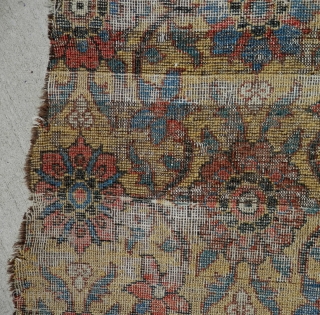 Minakhani fragment, late 18th century / circa 1800. Khorasan jufti knotted type a rare yellow ground. Worn but majestic. Size is 33'x75'           