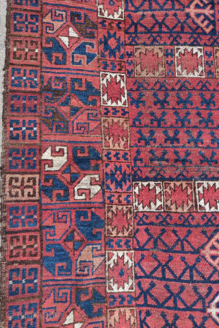 Middle Amu Darya region Turkmen or Uzbek ensi. Older than most of this type. Large scale with bold yet unabbreviated drawing. Great wool and in good condition. Macrame ends preserved at top  ...