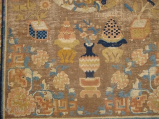 Chinese Ningxia Rug, Imagery of abundance, medallions with birds and fret-dragon corner pieces in keeping with the aesthetics of Qianlong era, (1735-1796). 4 blues with a light blue at the bottom of  ...