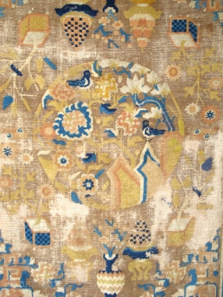 Chinese Ningxia Rug, Imagery of abundance, medallions with birds and fret-dragon corner pieces in keeping with the aesthetics of Qianlong era, (1735-1796). 4 blues with a light blue at the bottom of  ...