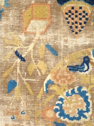 Chinese Ningxia Rug, Imagery of abundance, medallions with birds and fret-dragon corner pieces in keeping with the aesthetics of Qianlong era, (1735-1796). 4 blues with a light blue at the bottom of  ...