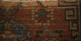 Fragmented East Turkestan Khotan Carpet, great color and classic one medallion drawing. Top border missing. 155 x 236 cm              