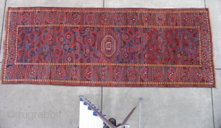 Cloudband Bashir Carpet, fantastic color with several blues and green. Condition is good with a little scattered repair and repair the sides. The length is 11 feet long.     