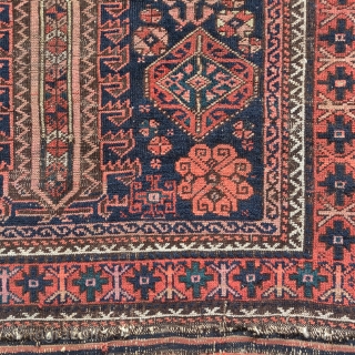 Timuri type Baluch rug with a central Turkmen gul and wonderful ornament. Yes, there is aniline in this one. There is also an amazing green and a rare pale yellow. Still a  ...