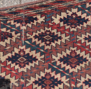 Yomut Turkmen asmalyk, nice greens and blues with subtle drawing eccentricities. Cotton in the weft throughout.                 