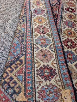 Akstafa Caucasian runner, fun thing in messed up condition with bad repair and some fuchsine dye. The other colors are vegetable dyes and quite nice. Still has some utility. Fun antique thing  ...