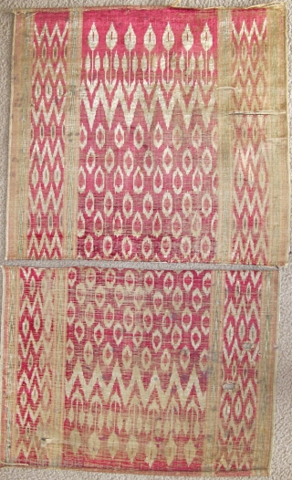 Persian Silk Velvet Ikat Fragments, very antique with at least four insect reds, green, yellow on a cotton foundation (sizes= 22"x23" and 18"x23" / 56x58cm and 45x58cm)      