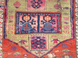 East Anatolian Yastik with spectacularly abstracted drawing. Woven with the thick glossy soft wool that this group is known for. Very colorful with abrash in the green (probably sulphonic?) and cochineal. Nice  ...