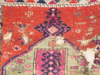 East Anatolian Yastik with spectacularly abstracted drawing. Woven with the thick glossy soft wool that this group is known for. Very colorful with abrash in the green (probably sulphonic?) and cochineal. Nice  ...