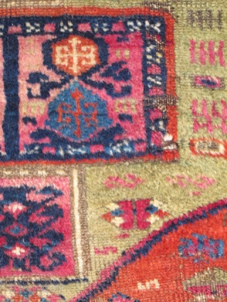 East Anatolian Yastik with spectacularly abstracted drawing. Woven with the thick glossy soft wool that this group is known for. Very colorful with abrash in the green (probably sulphonic?) and cochineal. Nice  ...