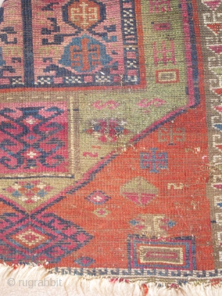 East Anatolian Yastik with spectacularly abstracted drawing. Woven with the thick glossy soft wool that this group is known for. Very colorful with abrash in the green (probably sulphonic?) and cochineal. Nice  ...