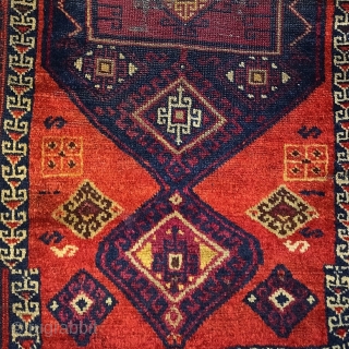 East Anatolian Kurdish yastik. This pieces uses several talismanic knots of either horse or possibly human hair in areas of the bottom. It has a severe border break at the bottom due  ...