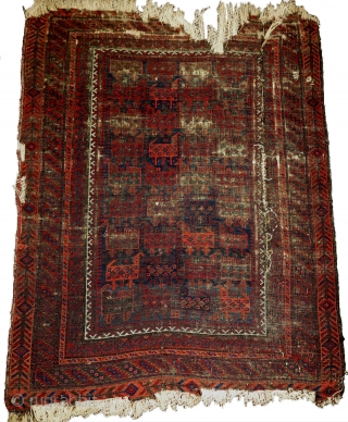 Baluch Bird Rug, all good colors. W. Afghanistan, late 19th cen. Worn with one border torn.                 
