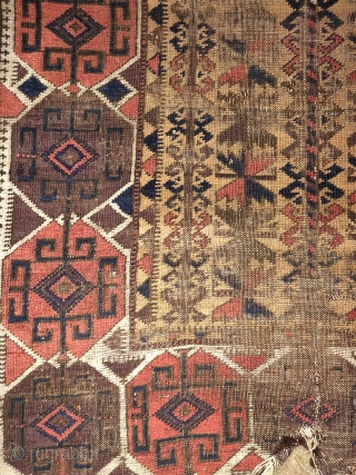 camel ground Baluch rug. Intriguing design with a border inspired by Shahsevan sumaks. Finely woven but with corrosive browns and obvious wear. Flat back and 4 chord goat selvedge. 2'9"x4'2"
Ask about this 