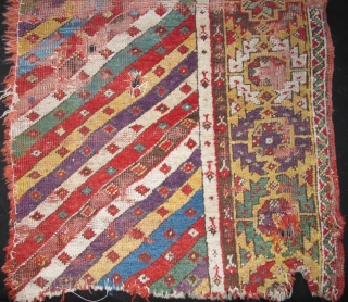 Central Anatolian ( Mucur / Kirshehir ) Striped Rug Fragment with exceptional color. Great purple, greens, light blue, madder red, yellow, etc.           