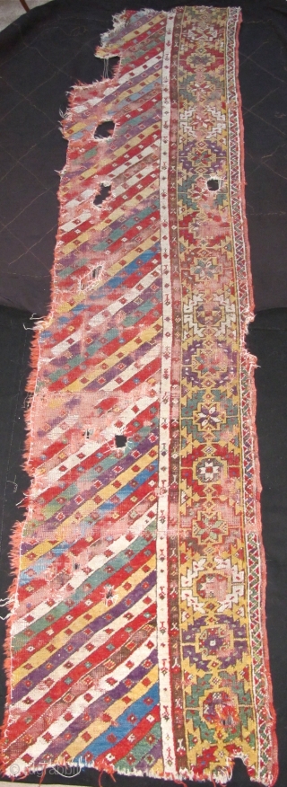 Central Anatolian ( Mucur / Kirshehir ) Striped Rug Fragment with exceptional color. Great purple, greens, light blue, madder red, yellow, etc.           