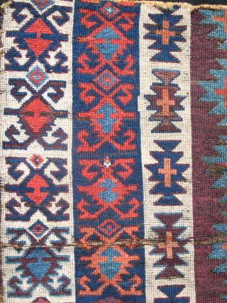 Super Purple Kilim-Design Anatolian Pile Fragment. Old and wonderful with top color. (size is about 4'0"x3'4".) This piece is mounted and conserved against black fabric. (The photo is a bit washed but  ...