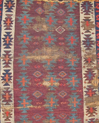 Super Purple Kilim-Design Anatolian Pile Fragment. Old and wonderful with top color. (size is about 4'0"x3'4".) This piece is mounted and conserved against black fabric. (The photo is a bit washed but  ...