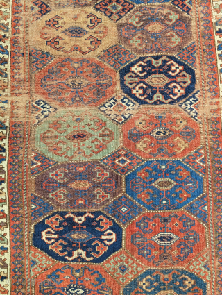 Northwest Persian Kurdish rug with an unusual octagon and diamond field design.Very nice color including two greens and aubergine. Worn but still beautiful and mostly readable. Bottom outer guard border missing. 3'7"x6'2" 