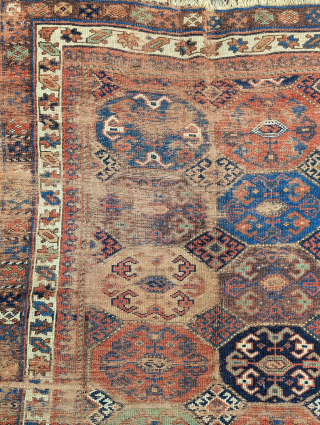 Northwest Persian Kurdish rug with an unusual octagon and diamond field design.Very nice color including two greens and aubergine. Worn but still beautiful and mostly readable. Bottom outer guard border missing. 3'7"x6'2" 