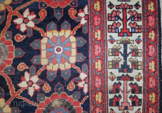 Monumental Northwest Persian Kurdish minakhani fragmented long rug. Size is 4'10"x8'2". Several blues and greens with aubergine. Bottom border missing.             