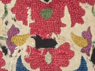 Ottoman style Algerian embroidery fragment circa 1800 or perhaps 18th century. Great color including a double dyed purple.               