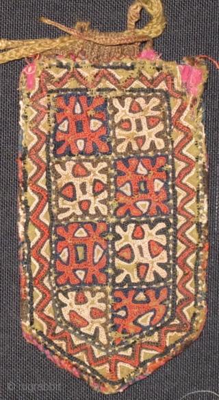 small Turkmen embroidered pouch. Probably Chodor or Yomut.                         