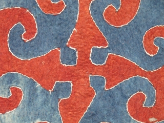 Central Asian Kyrgyz Shyrdak square. Madder red and indigo blue dyed and pieced felt.                   