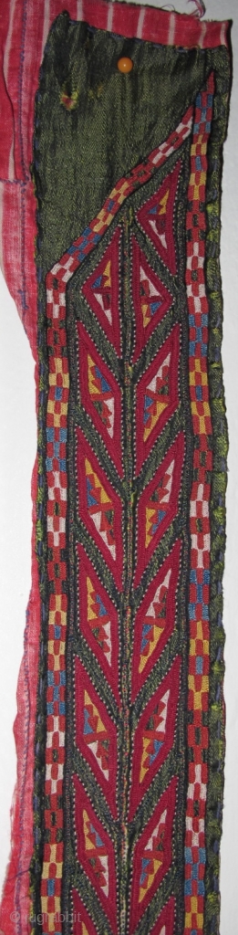 Tekke Turkmen embroidered band. Very fine. Very colorful with several blues, yellow, orange and insect red. Embroidered on a hand-woven green silk. 105x6cm          