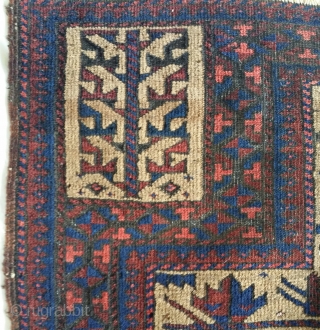 Baluch camel-ground prayer rug, excellent stylized trees, great hand panels, soft Baluchi wool with natural abrash in the camel,  saturated natural colors. Damage to the area around the mihrab. size=29"×39"  