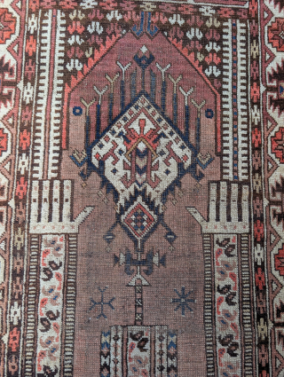 Not my typical listing, an old but not ancient mid 20th century Afghan Ersari prayer rug with super graphics and huge hands on top of columns. The red is hot and tip  ...