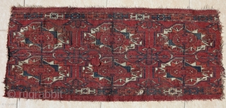 Six Gul Tekke Torba, a great honest earlier example with velvety pile, great wool quality, and color. Obvious condition issues.             