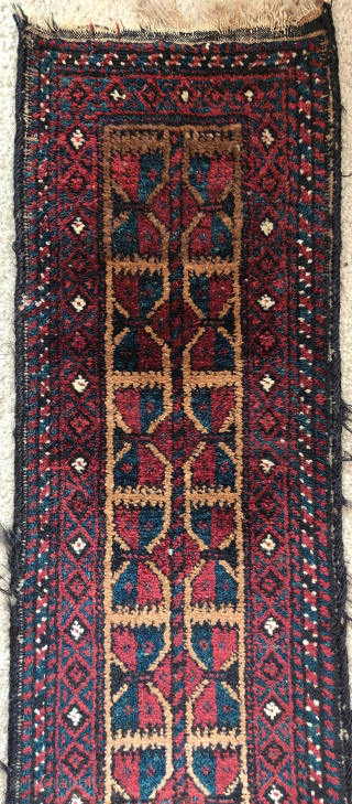 Very long Baluch pile trapping of some sort. Looks almost like a balisht on growth hormones. Classic Baluch leaf design on a camel ground, soft lustrous wool, saturated natural color. Excellent condition  ...