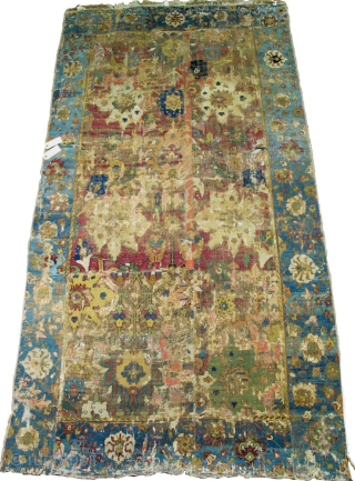 An early (Jufti knotted type) Herat / Khorasan pastiche carpet, reduced in length. Safavid era, circa 1600. A later version of this design type may be Found in Burns 'Visions of Nature:  ...