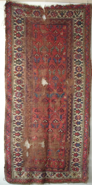 Cute Northwest Persian Kurdish Shrub Rug with little animals in the field. Clear colors including purple, greens, yellow and blue. 6'10" x 3'4"          