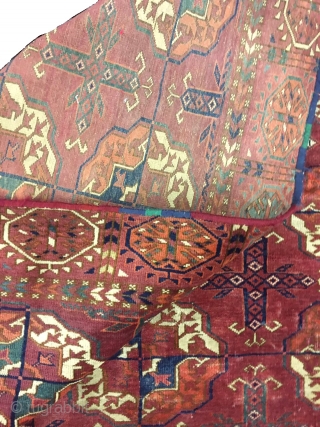 lush velvety Tekke Turkmen main carpet with rounded guls. fragmented at sides, missing a border.                  