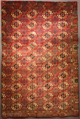 lush velvety Tekke Turkmen main carpet with rounded guls. fragmented at sides, missing a border.                  