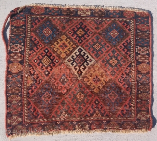 Jaf Kurd bagface, 24"x21, soft lustrous wool and saturated color with a single white elongated diamond in the center. There is a narrow band of old repair in the field which could  ...