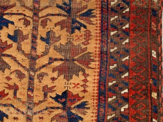 small Camel Ground Baluch Prayer Rug, elegant drawing and saturated colors. Complete with sides and ends. Probably from Northwest Afghanistan, it is an older one of this type. 2'5"x3'5"    