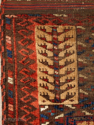 small Camel Ground Baluch Prayer Rug, elegant drawing and saturated colors. Complete with sides and ends. Probably from Northwest Afghanistan, it is an older one of this type. 2'5"x3'5"    