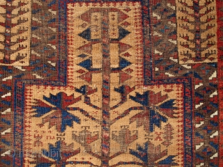 small Camel Ground Baluch Prayer Rug, elegant drawing and saturated colors. Complete with sides and ends. Probably from Northwest Afghanistan, it is an older one of this type. 2'5"x3'5"    