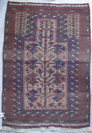 small Camel Ground Baluch Prayer Rug, elegant drawing and saturated colors. Complete with sides and ends. Probably from Northwest Afghanistan, it is an older one of this type. 2'5"x3'5"    