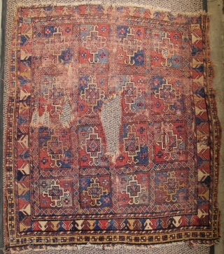 Colorful older square-shaped Quchan Kurd rug from Khorosan. Aina gul design field, superior color. Condition is... well... um... 'poncho-fied'?              