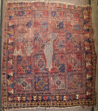 Colorful older square-shaped Quchan Kurd rug from Khorosan. Aina gul design field, superior color. Condition is... well... um... 'poncho-fied'?              