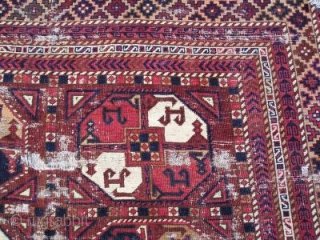 Central Asian squarish main rug. Uzbek, Kyrgyz, or something else depending on your dogma. Very nice drawing, saturated natural colors and camel wool. Warp is hand-spun cotton perhaps pointing to a Ferghana  ...