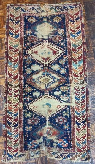 Caucasian Kuba rug, old, superlative color, lots of wear. 3'6"x5'6"ish                       