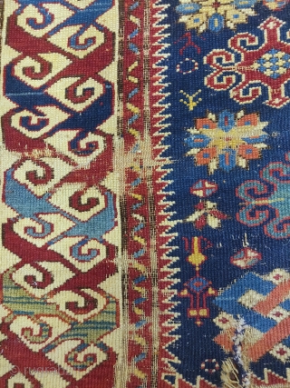 Caucasian Kuba rug, old, superlative color, lots of wear. 3'6"x5'6"ish                       