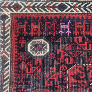 Baluch octagon star bag face with animal trains and copious silk highlights. 28"x24"
This piece has a great presence and displays well. Some coroded brown wool looks like it had been painted to  ...