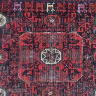Baluch octagon star bag face with animal trains and copious silk highlights. 28"x24"
This piece has a great presence and displays well. Some coroded brown wool looks like it had been painted to  ...