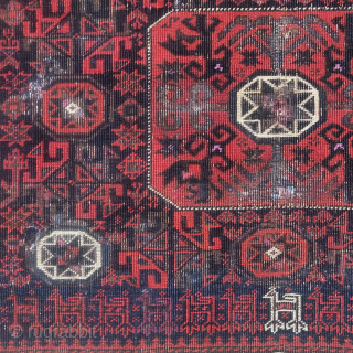 Baluch octagon star bag face with animal trains and copious silk highlights. 28"x24"
This piece has a great presence and displays well. Some coroded brown wool looks like it had been painted to  ...